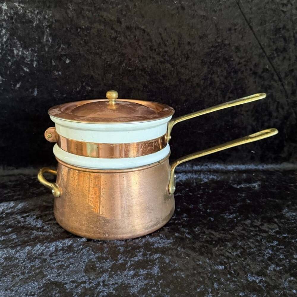 Vintage Bain Marie Double Boiler | Copper Ceramic Brass Handles